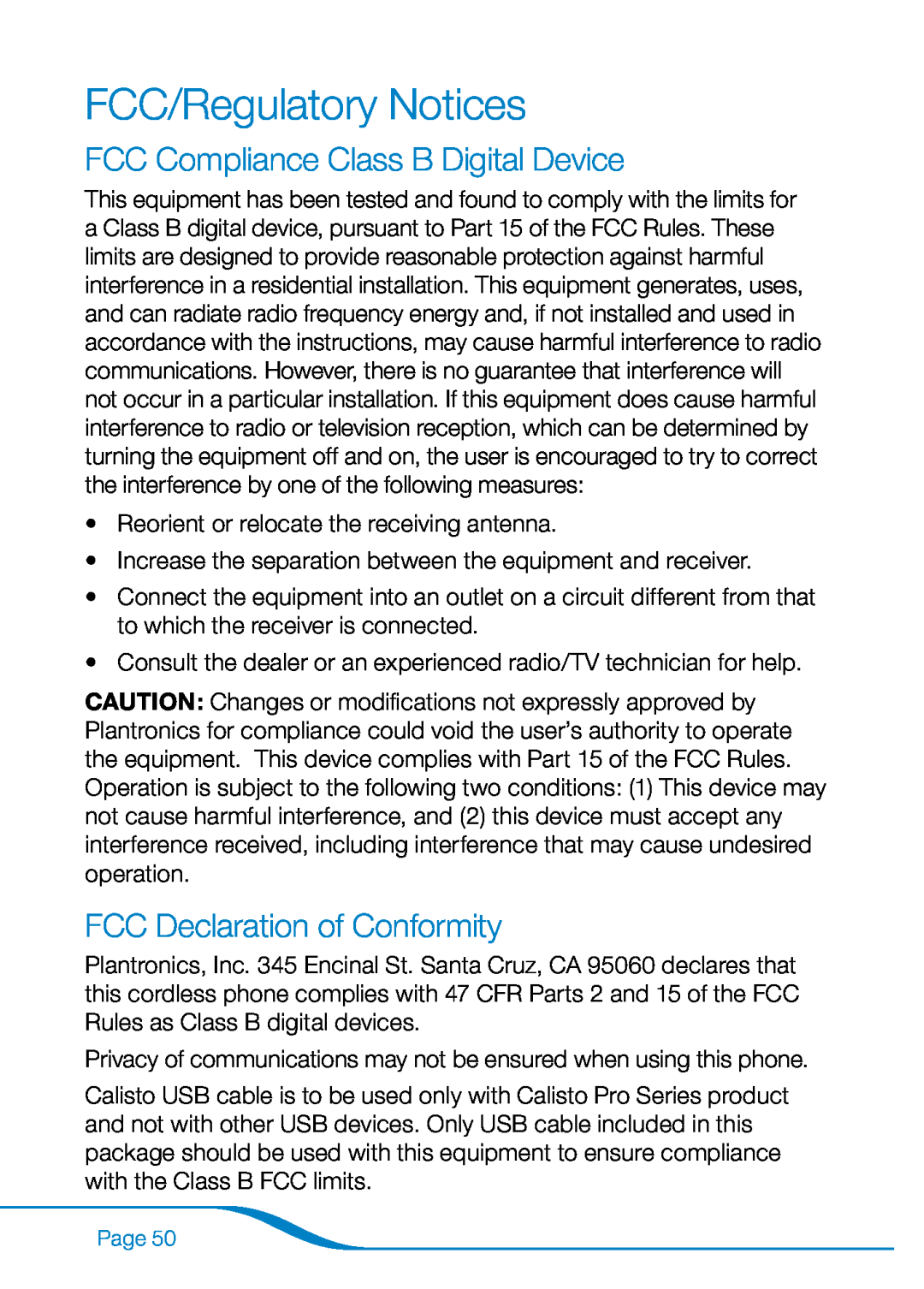 Plantronics 655 manual FCC/Regulatory Notices, FCC Compliance Class B Digital Device, FCC Declaration of Conformity 