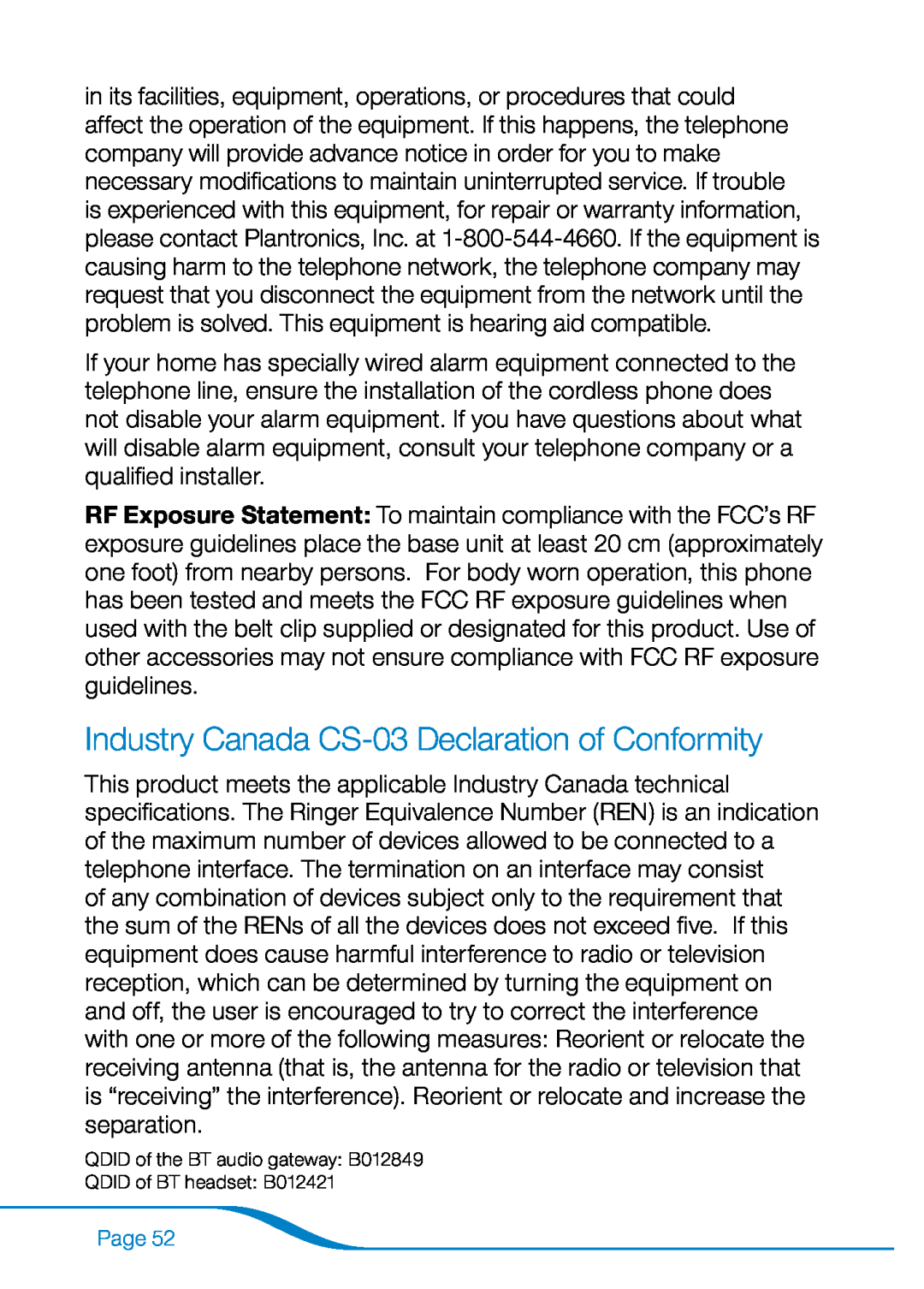 Plantronics 655 manual Industry Canada CS-03Declaration of Conformity, QDID of the BT audio gateway B012849 