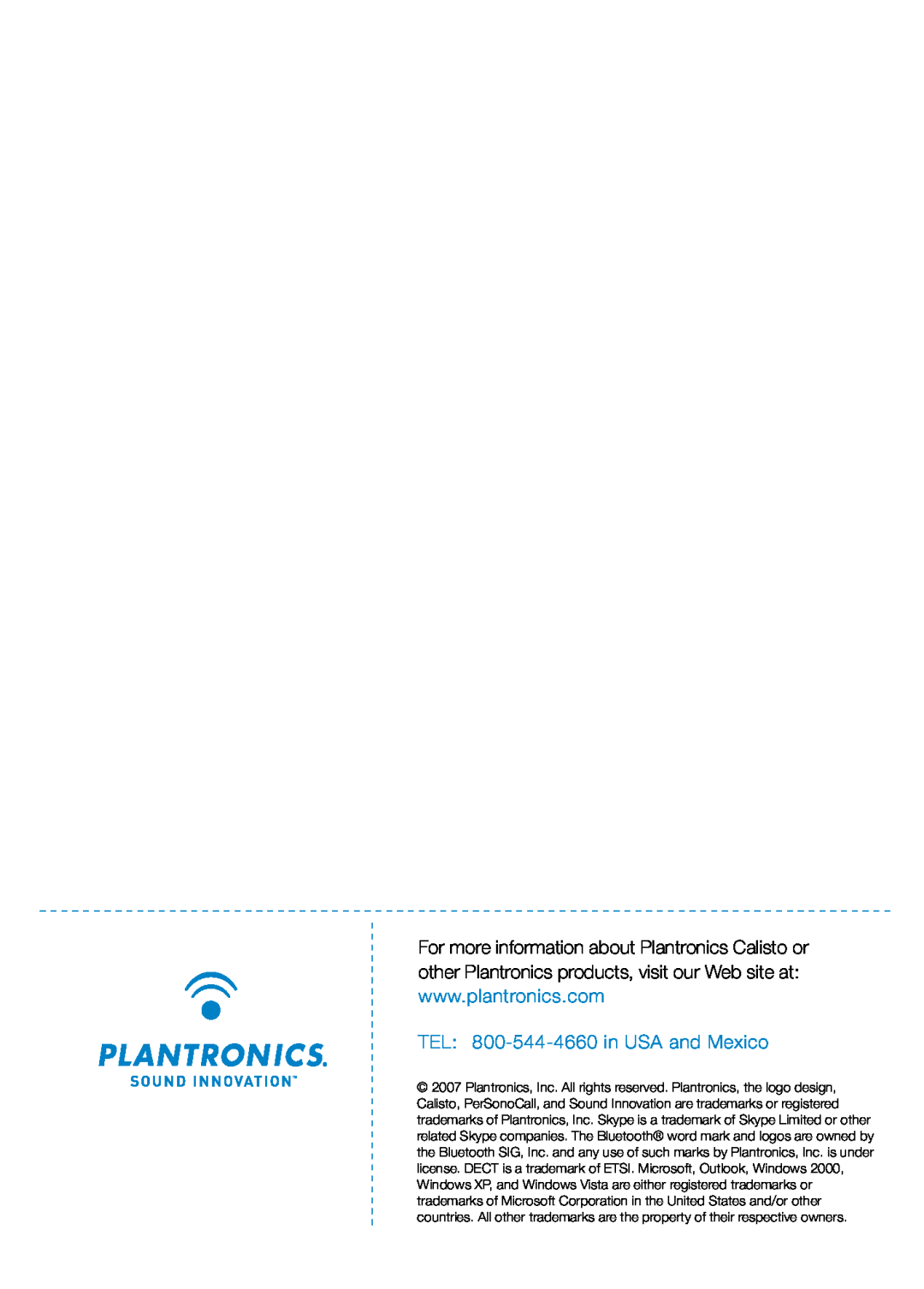 Plantronics 655 manual TEL 800-544-4660in USA and Mexico 