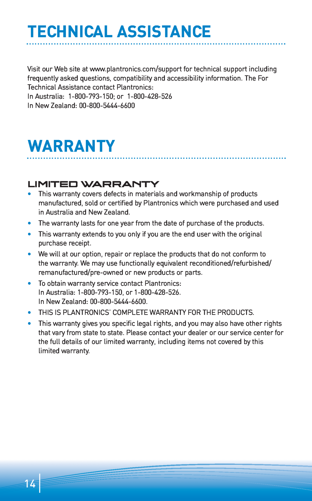 Plantronics 665 manual Technical Assistance, Limited Warranty 