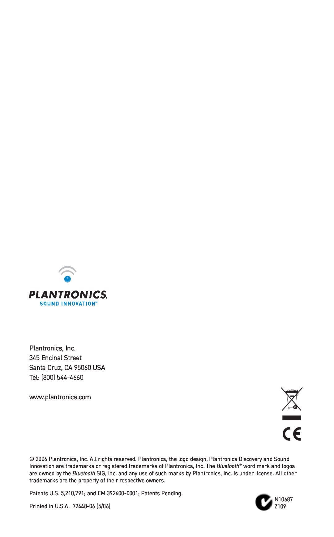 Plantronics 665 manual Plantronics, Inc 345 Encinal Street, Santa Cruz, CA 95060 USA Tel 