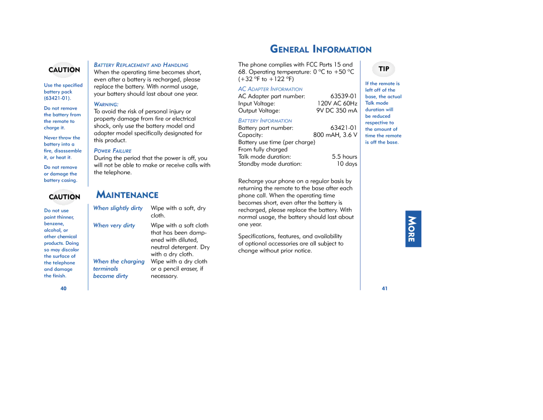 Plantronics 66523-01 manual General Information, Maintenance 