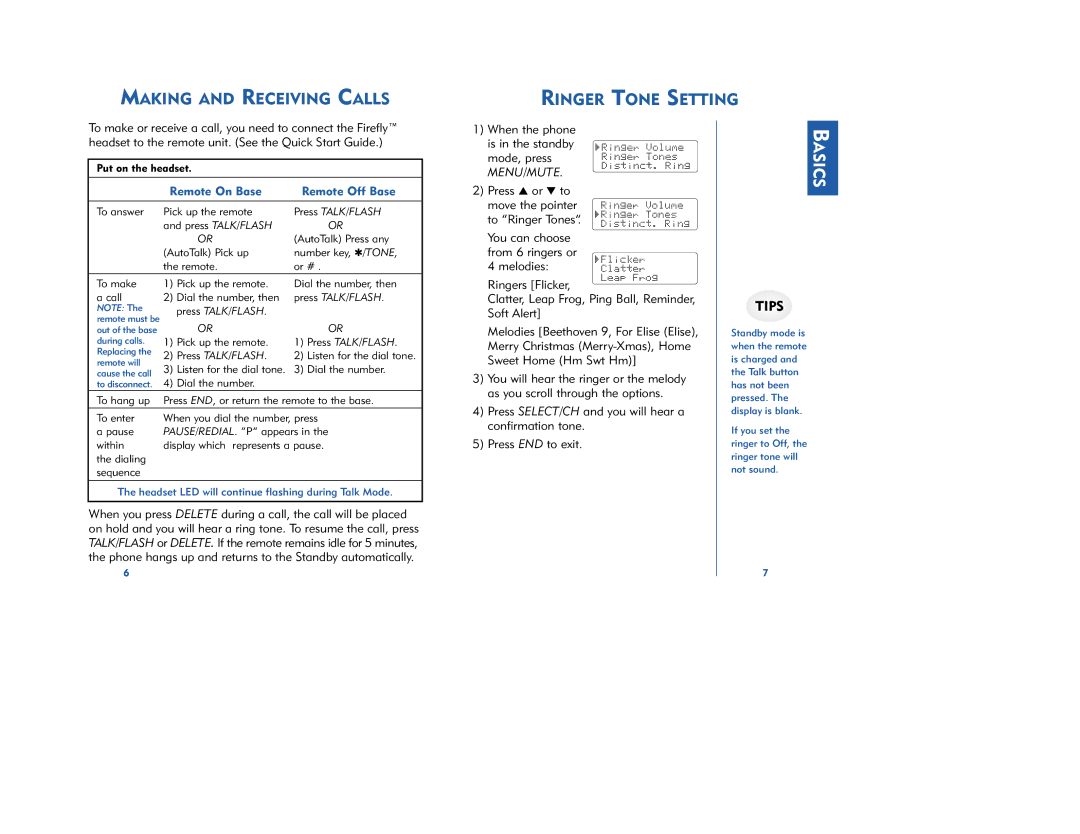 Plantronics 66523-01 manual Making and Receiving Calls Ringer Tone Setting, Remote On Base Remote Off Base 