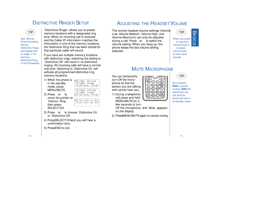 Plantronics 66523-01 manual Distinctive Ringer Setup Adjusting the Headset Volume, Mute Microphone 