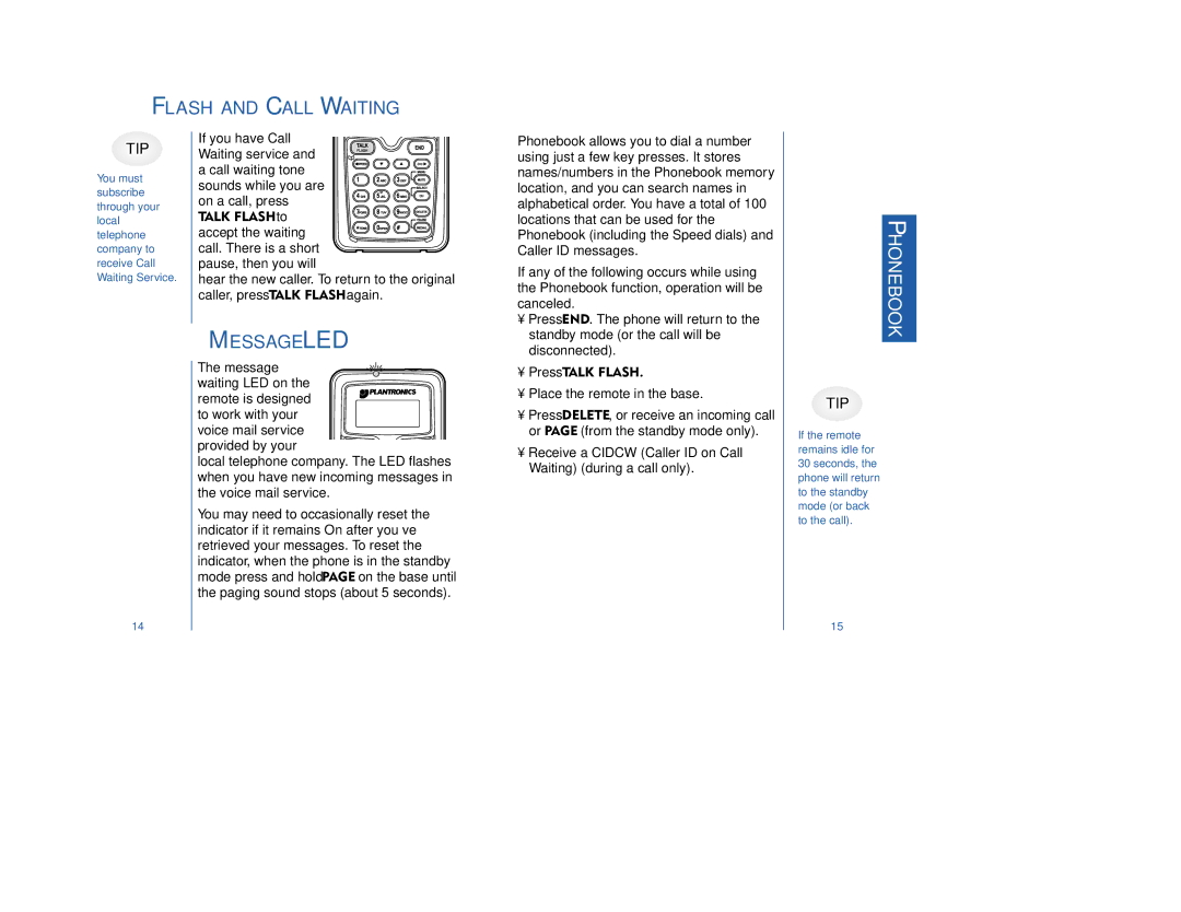 Plantronics 66523-01 manual Flash and Call Waiting, Using the Phonebook, Message LED, Message waiting LED on 