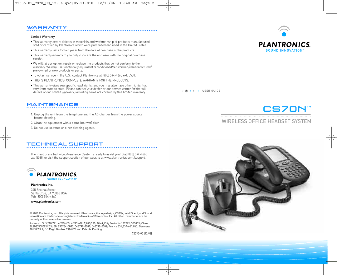 Plantronics 70N warranty Warranty, Maintenance, Technical Support, Plantronics Inc 