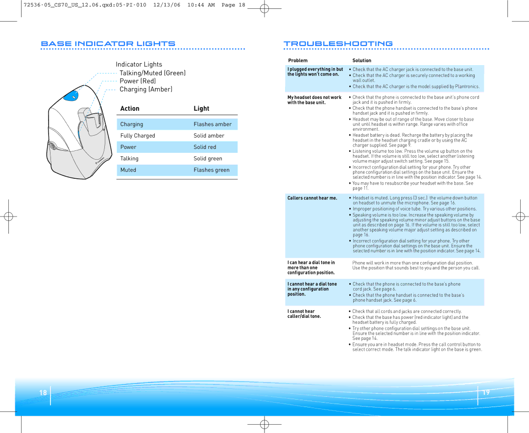 Plantronics 70N warranty Base Indicator Lights Troubleshooting, Action Light, Problem, Callers cannot hear me, Solution 