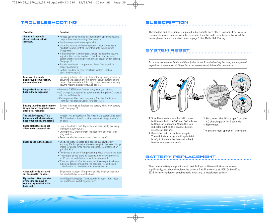 Plantronics 70N warranty Troubleshooting Subscription, System Reset, Battery Replacement 