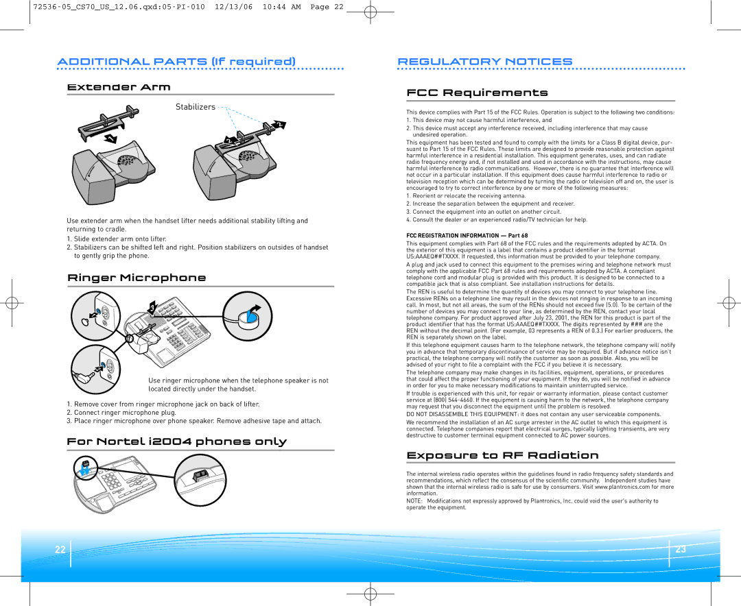 Plantronics 70N warranty Additional Parts If required, Regulatory Notices 