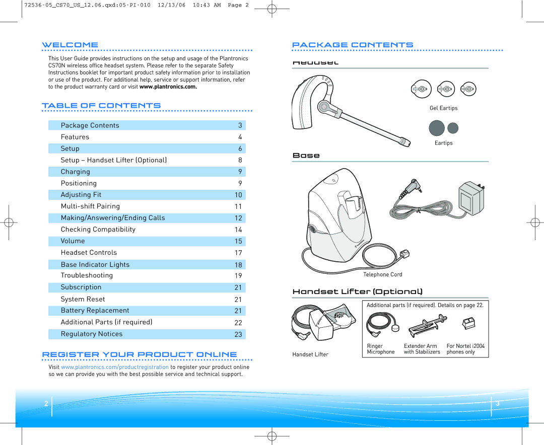 Plantronics 70N warranty Welcome Table of Contents, Register Your Product Online Package Contents 