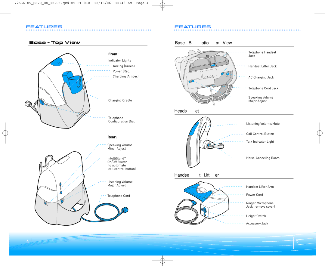 Plantronics 70N warranty Features, Base Top View, Base Bottom View, Headset, Handset Lifter 