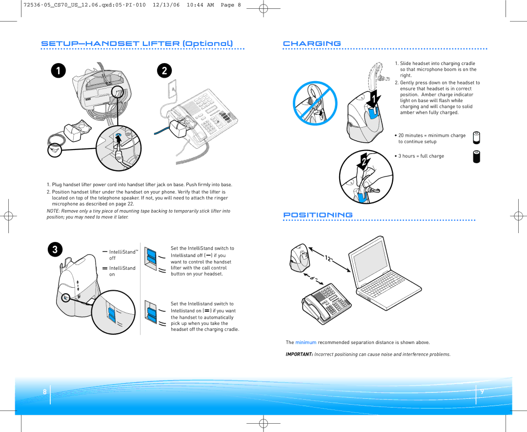 Plantronics 70N warranty SETUP-HANDSET Lifter Optional, Charging Positioning 