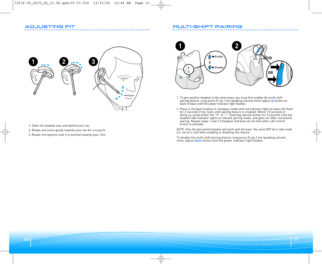 Plantronics 70N warranty Adjusting FIT, MULTI-SHIFT Pairing 