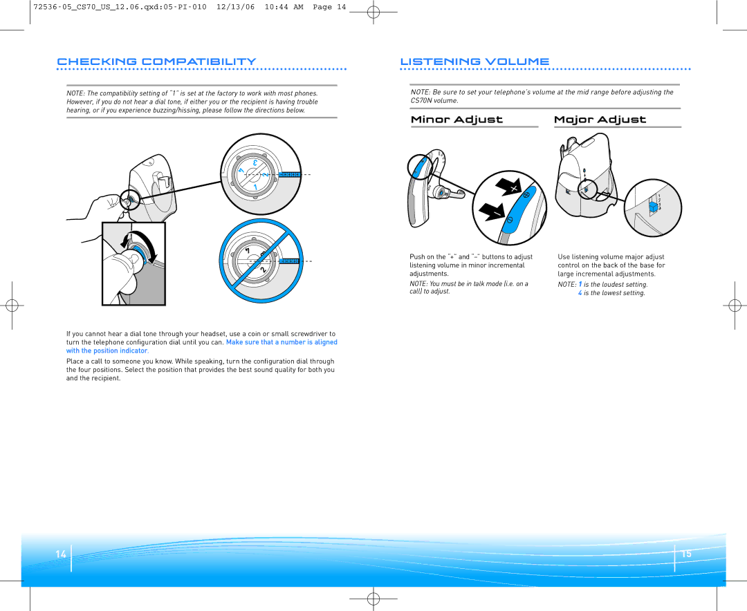 Plantronics 70N warranty Checking Compatibility, Listening Volume, Minor Adjust Major Adjust 