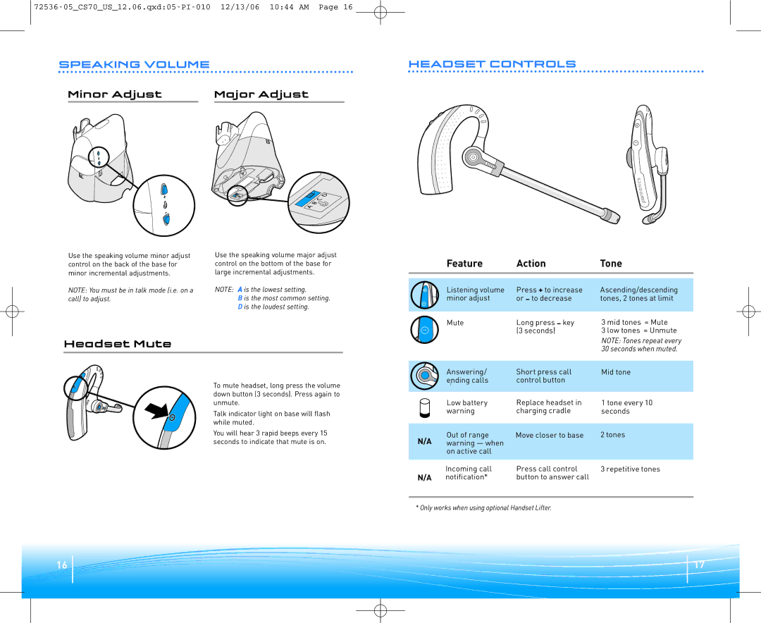 Plantronics 70N warranty Speaking Volume Headset Controls, Minor Adjust Major Adjust, Feature Action Tone, SetHe Mute 