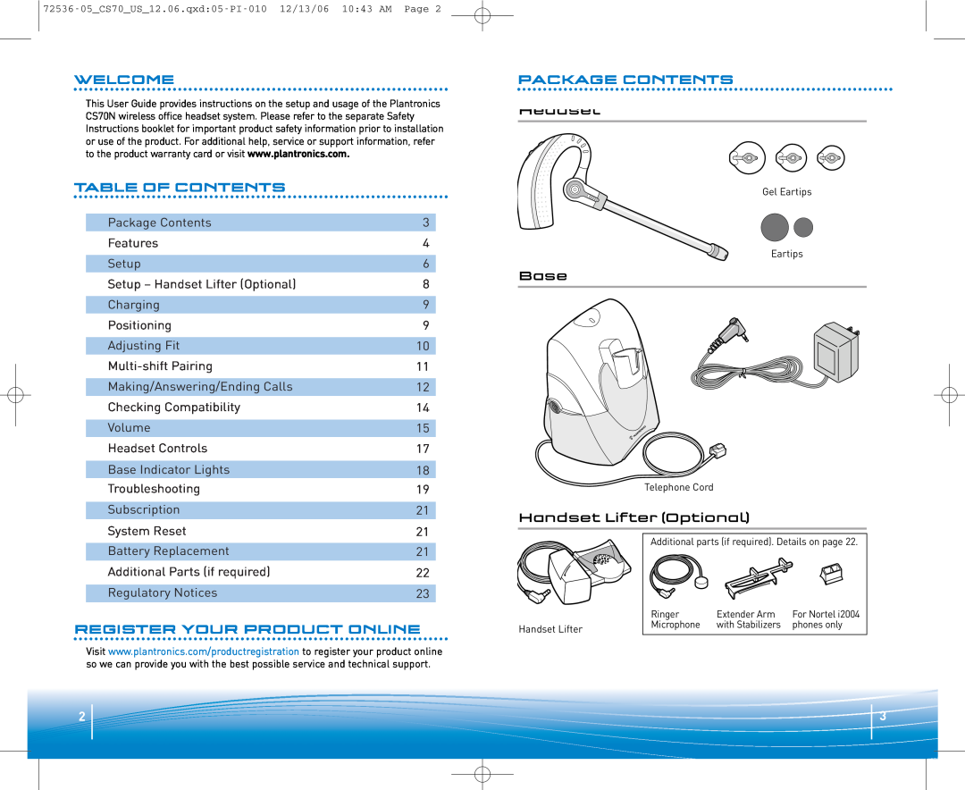 Plantronics 70N warranty Welcome, Table Of Contents, Register Your Product Online, Package Contents 