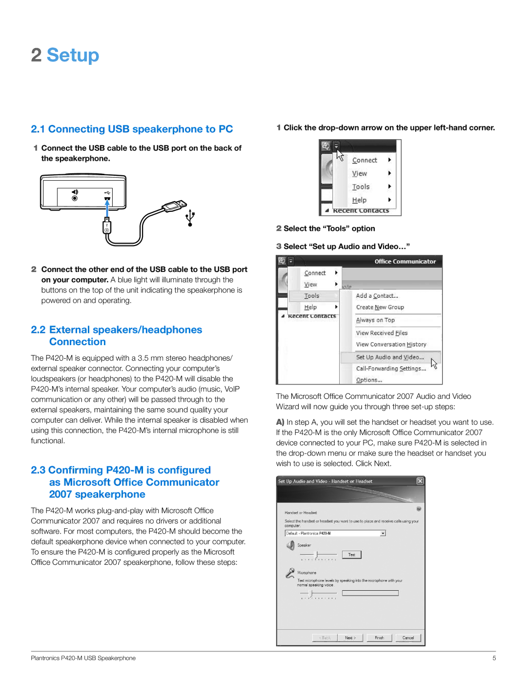 Plantronics 8213602 manual Setup, Connecting USB speakerphone to PC 