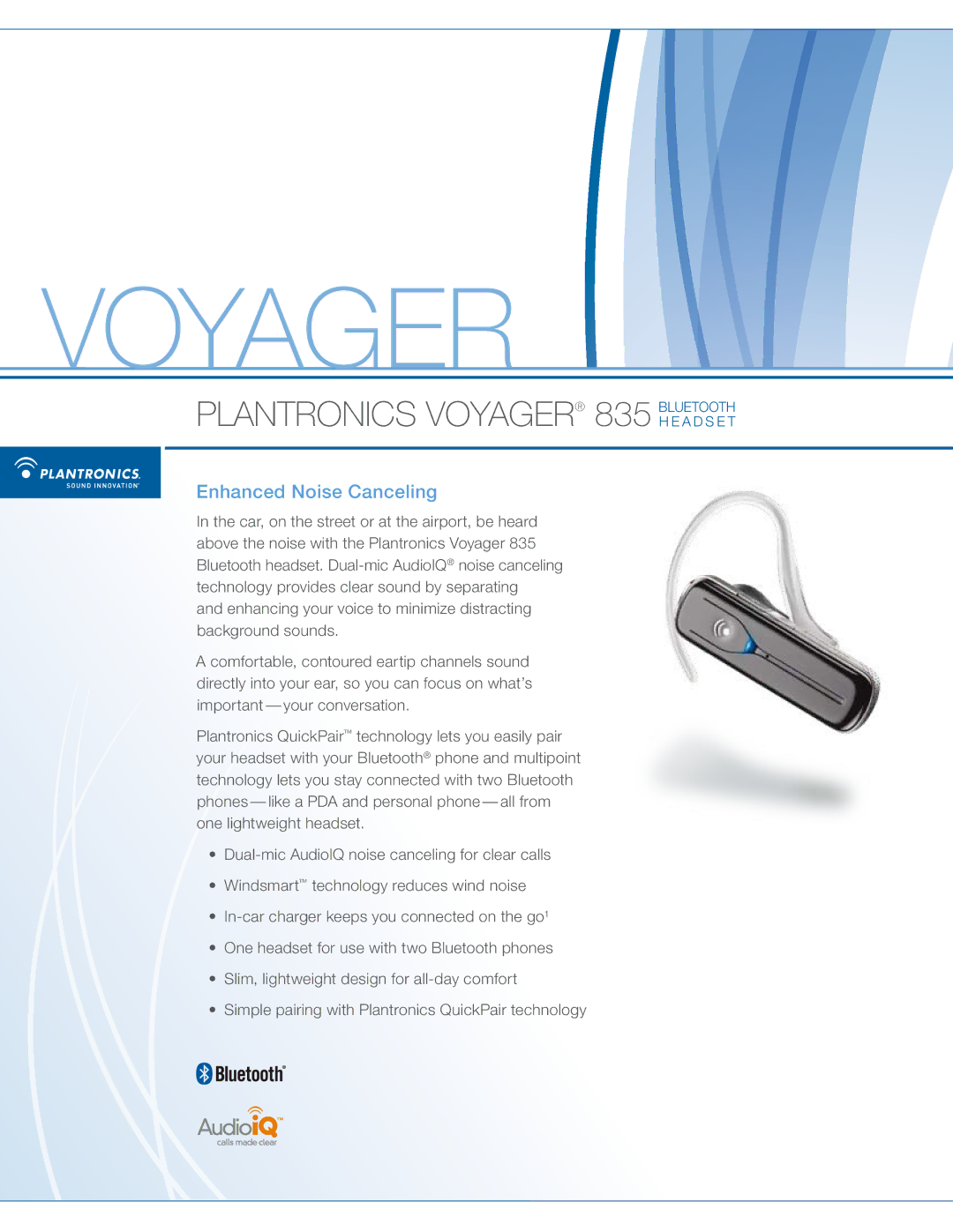 Plantronics manual Plantronics Voyager 835 bluetooth, Enhanced Noise Canceling 