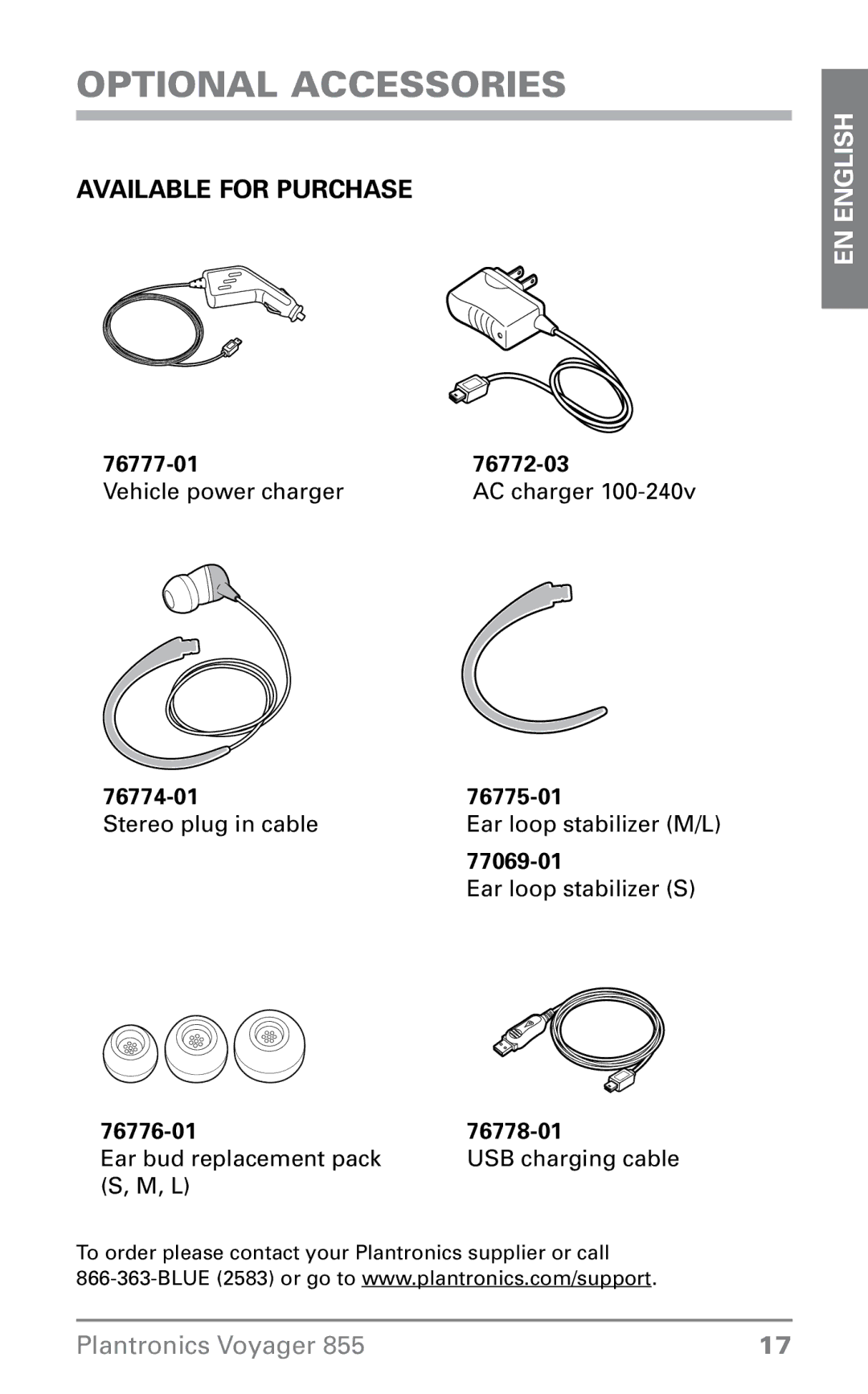 Plantronics 855 manual Optional Accessories, Available for Purchase 