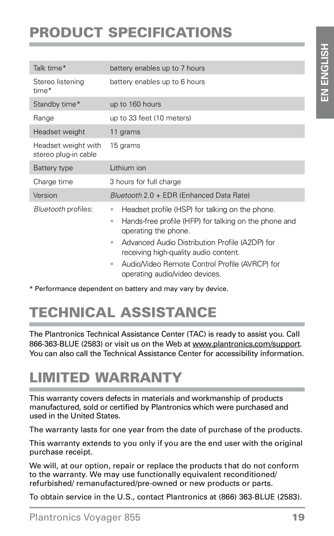 Plantronics 855 manual Product Specifications, Technical Assistance Limited Warranty 