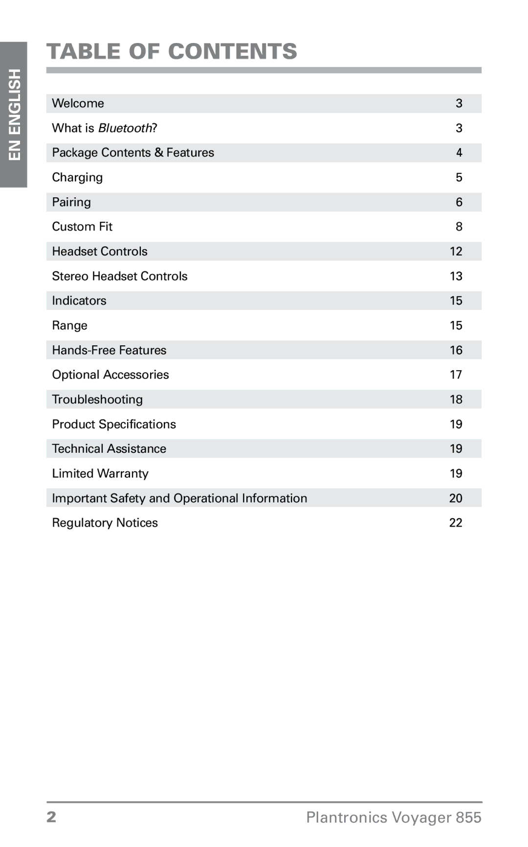 Plantronics 855 manual Table of Contents 