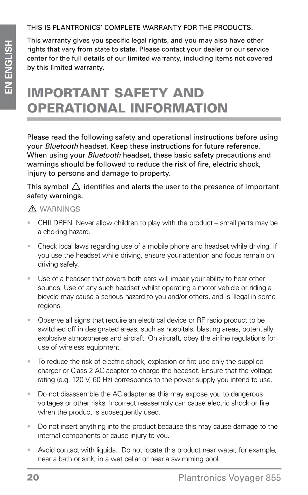 Plantronics 855 Important Safety and Operational Information, This is PLANTRONICS’ Complete Warranty for the Products 