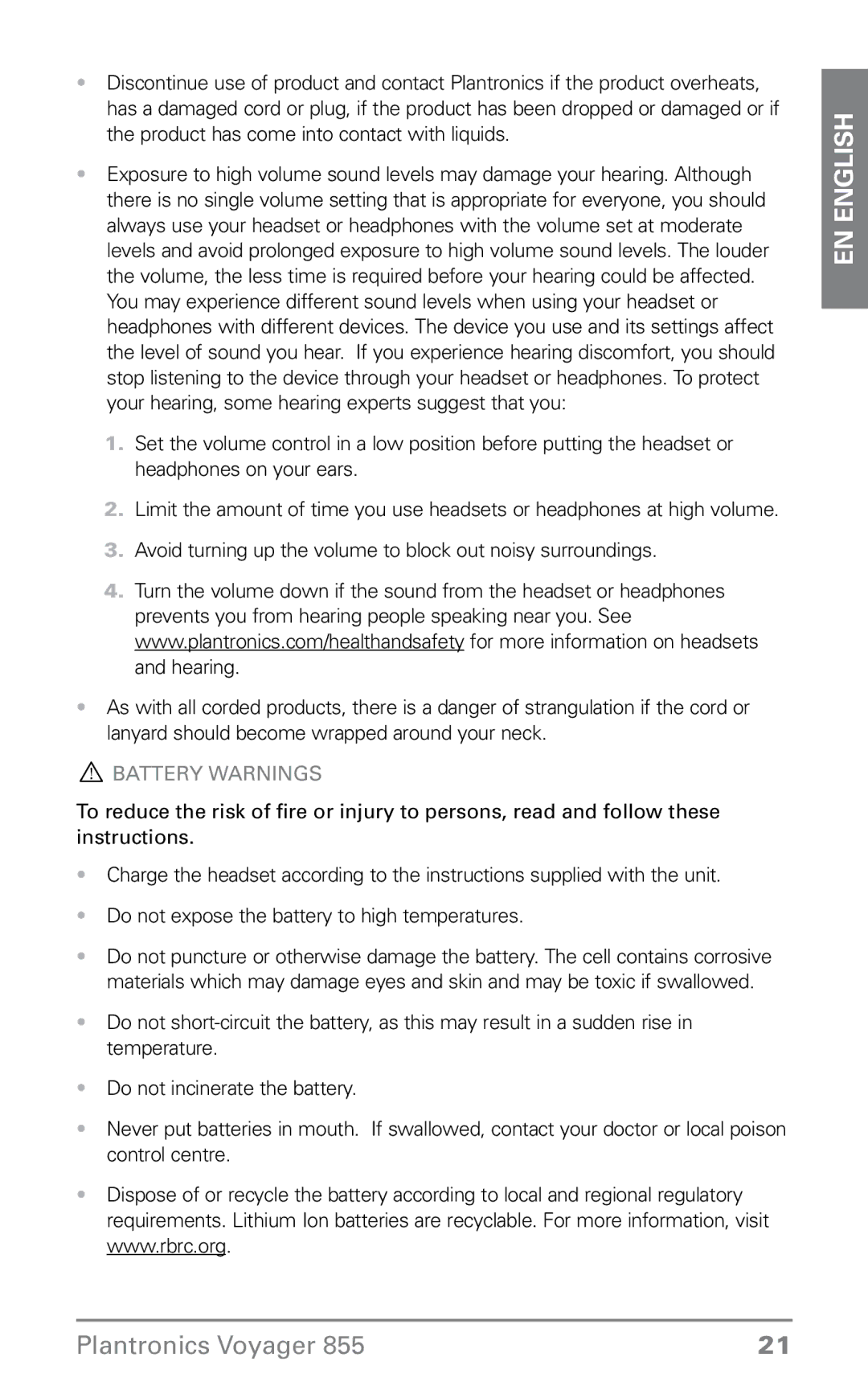 Plantronics 855 manual Battery Warnings 