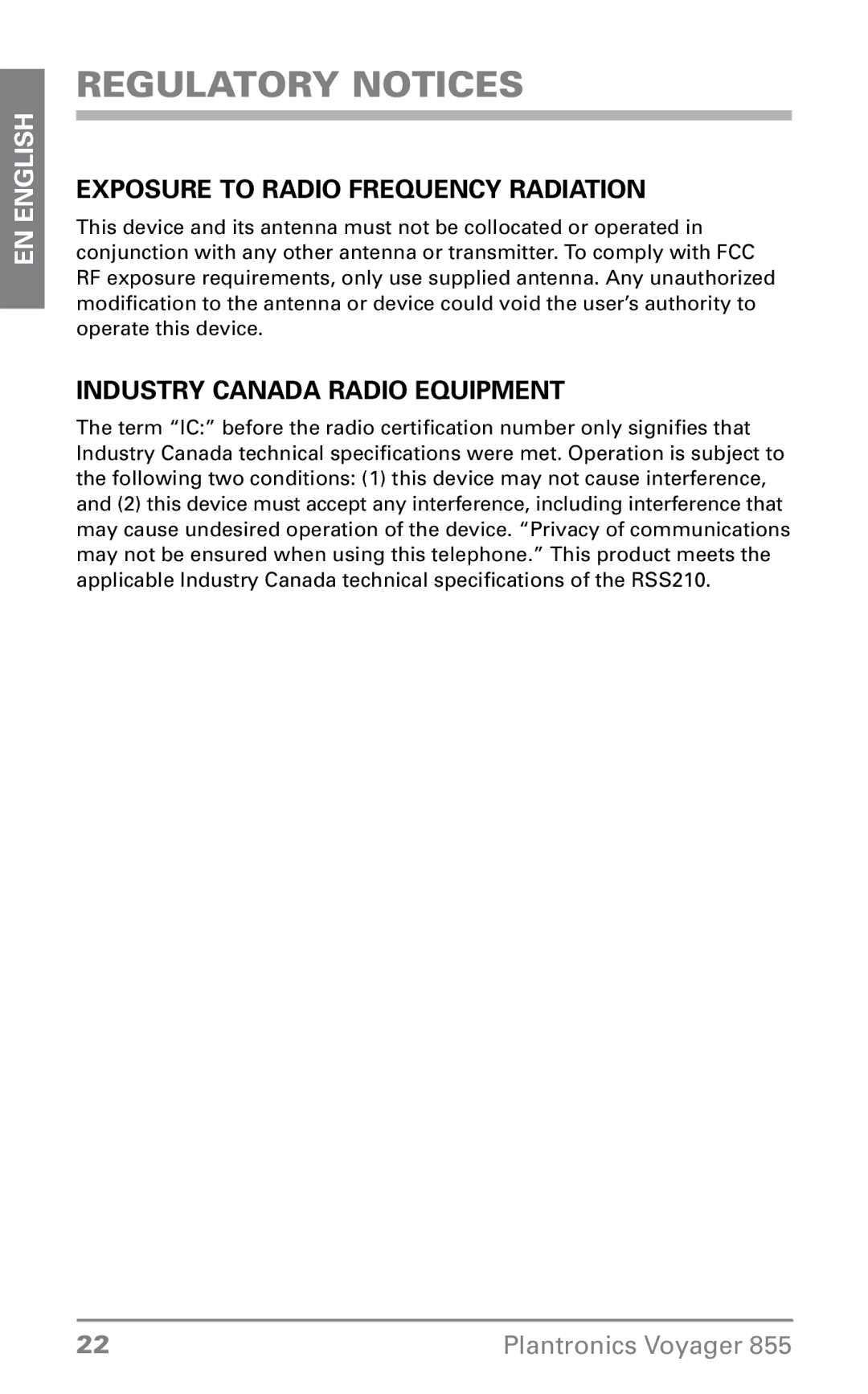 Plantronics 855 manual Regulatory Notices, Exposure To Radio Frequency Radiation, Industry Canada Radio Equipment 