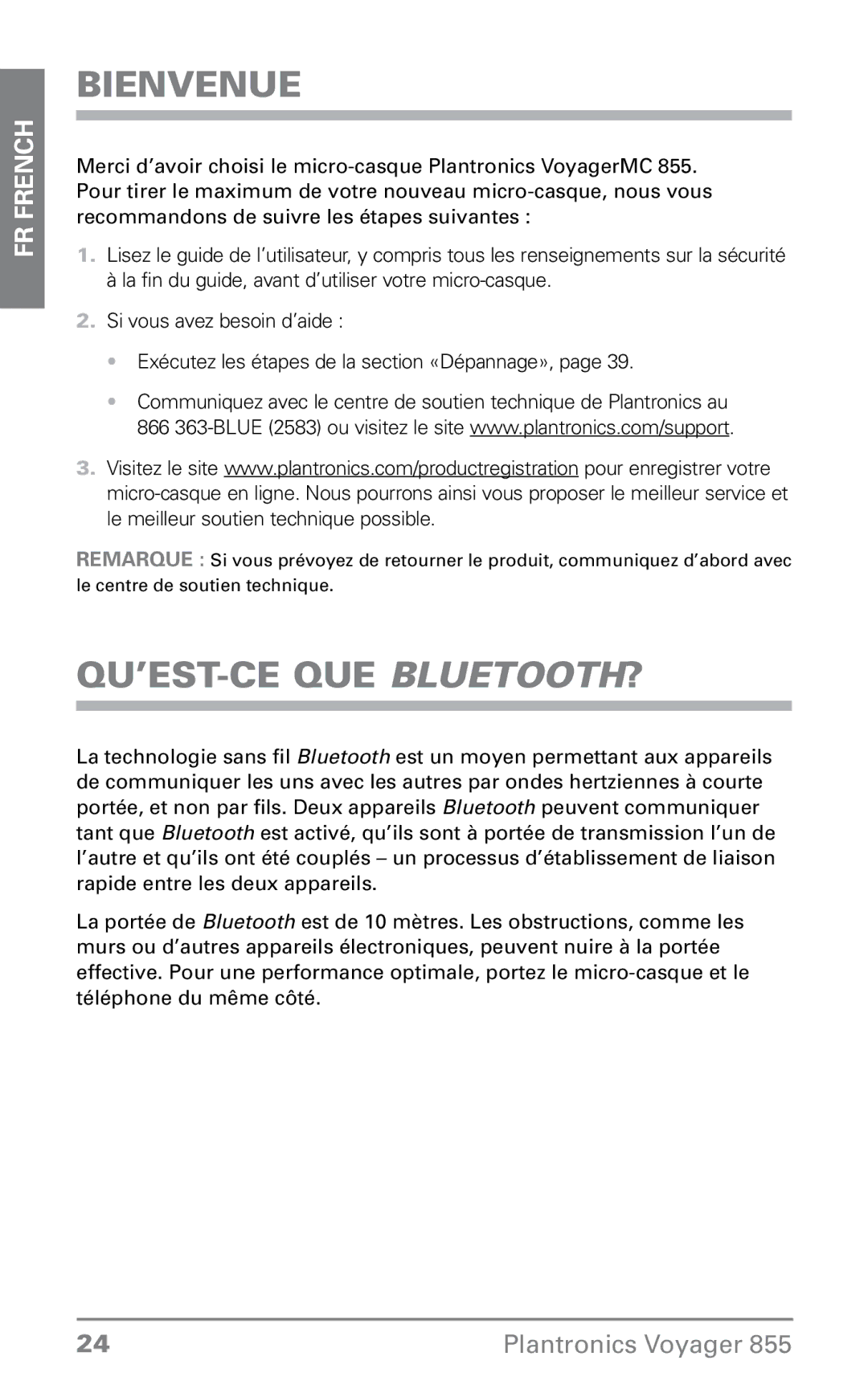 Plantronics 855 manual Bienvenue, Qu’est-ce que Bluetooth? 