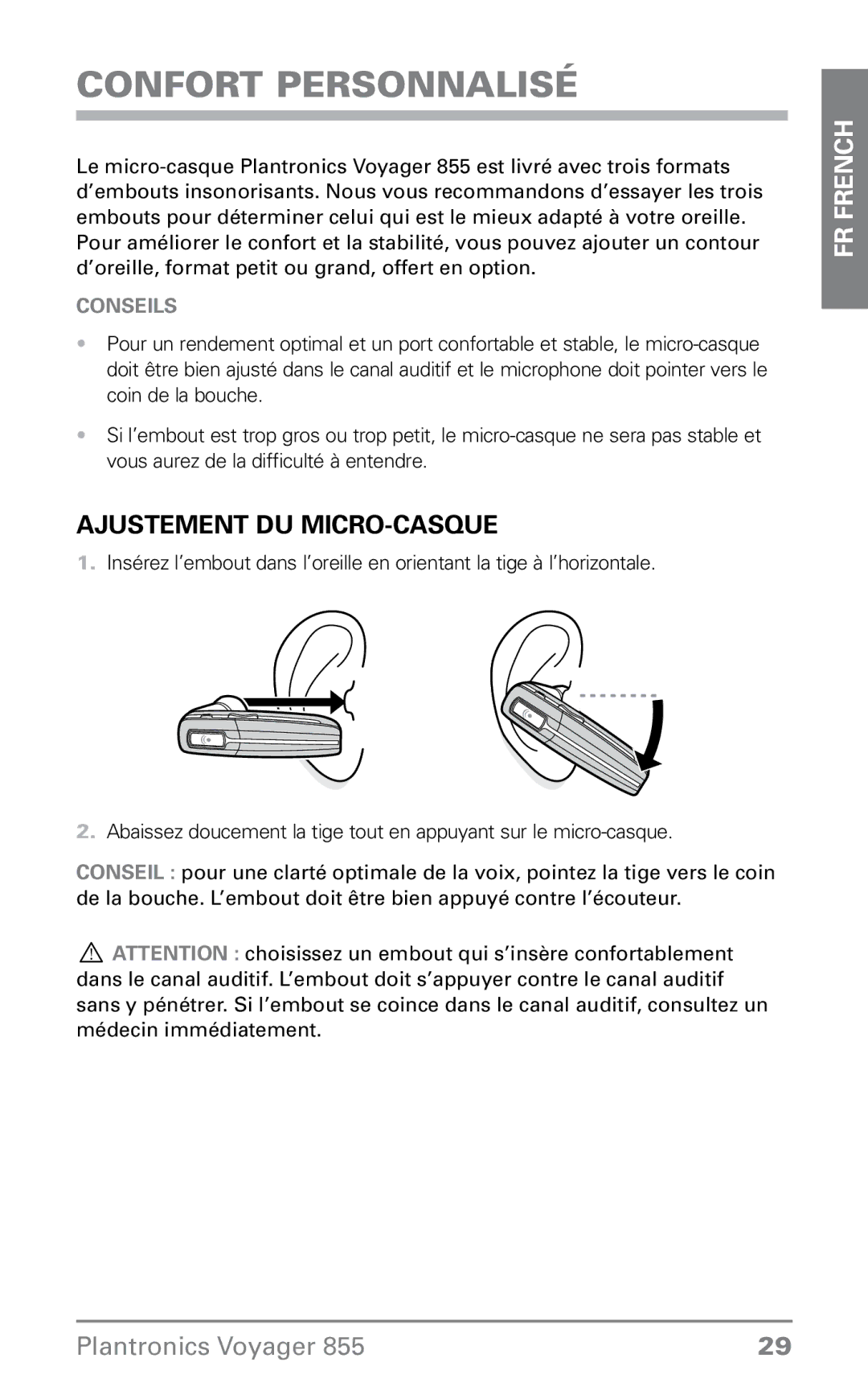 Plantronics 855 manual Confort personnalisé, Ajustement du micro-casque 