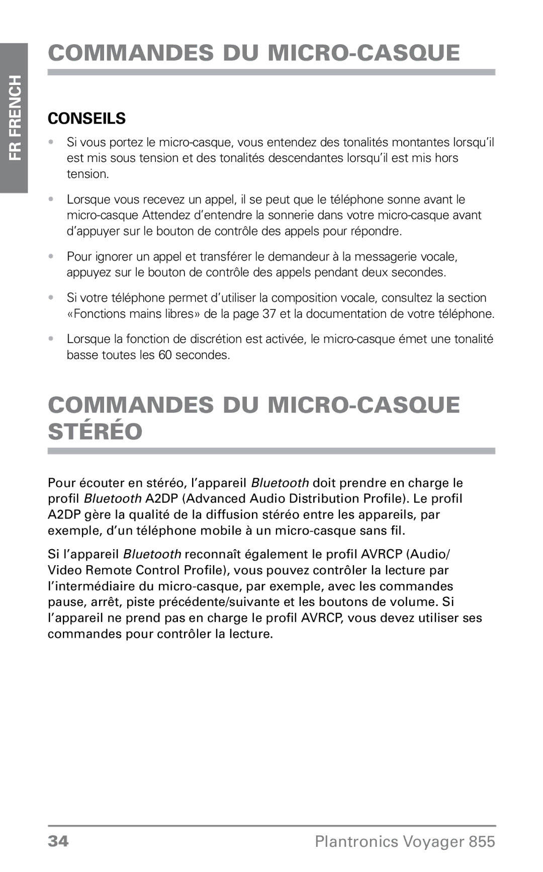 Plantronics 855 manual Commandes du micro-casque stéréo, Conseils 