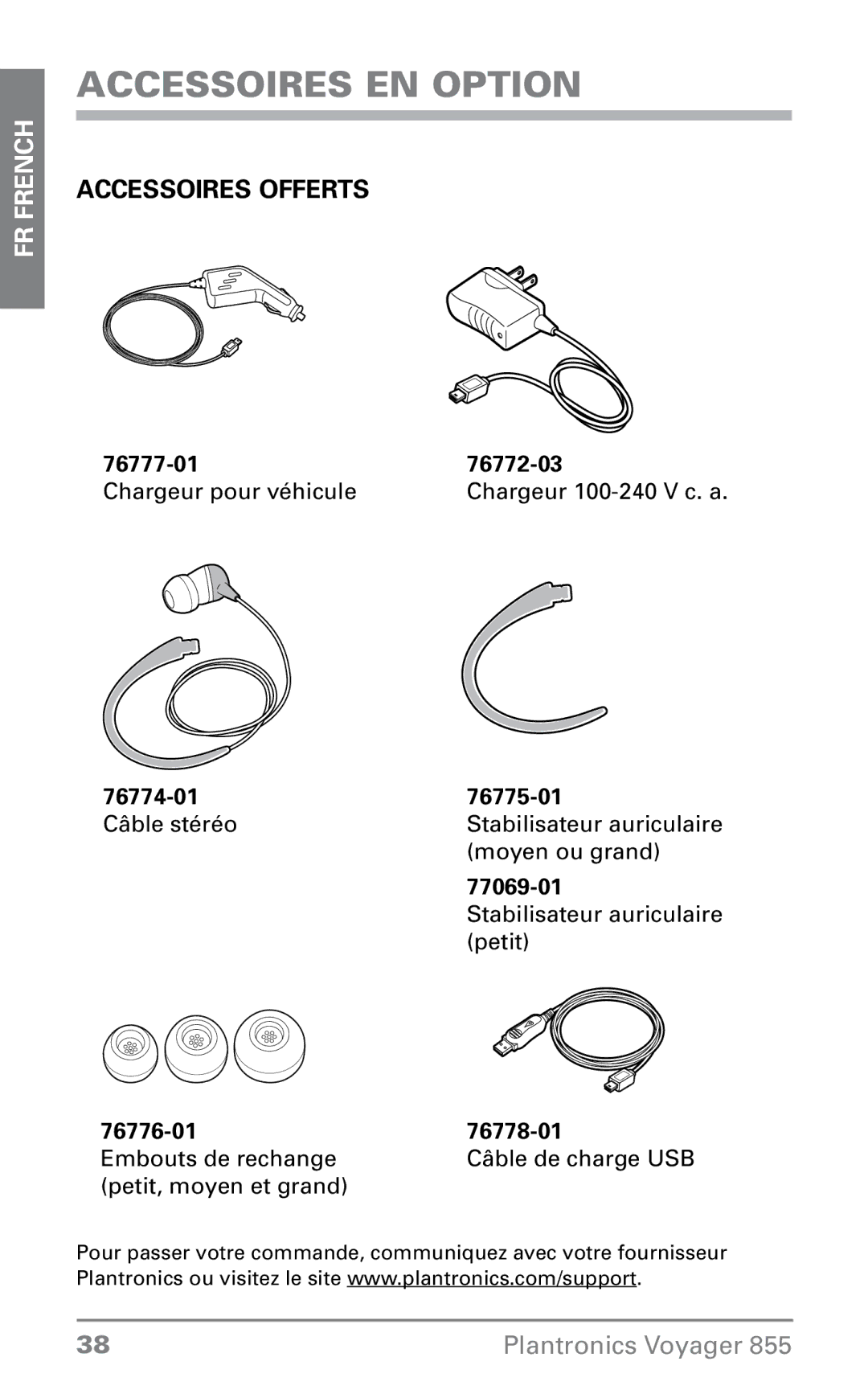 Plantronics 855 manual Accessoires en option, Accessoires offerts 