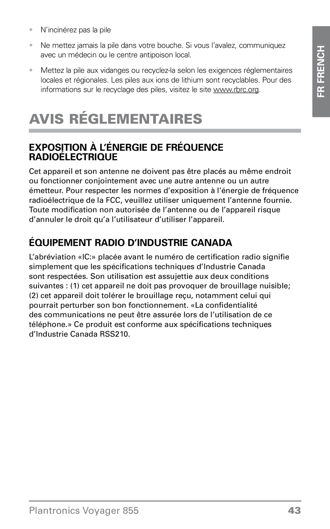 Plantronics 855 manual Avis réglementaires, Exposition à l’énergie de fréquence radioélectrique 