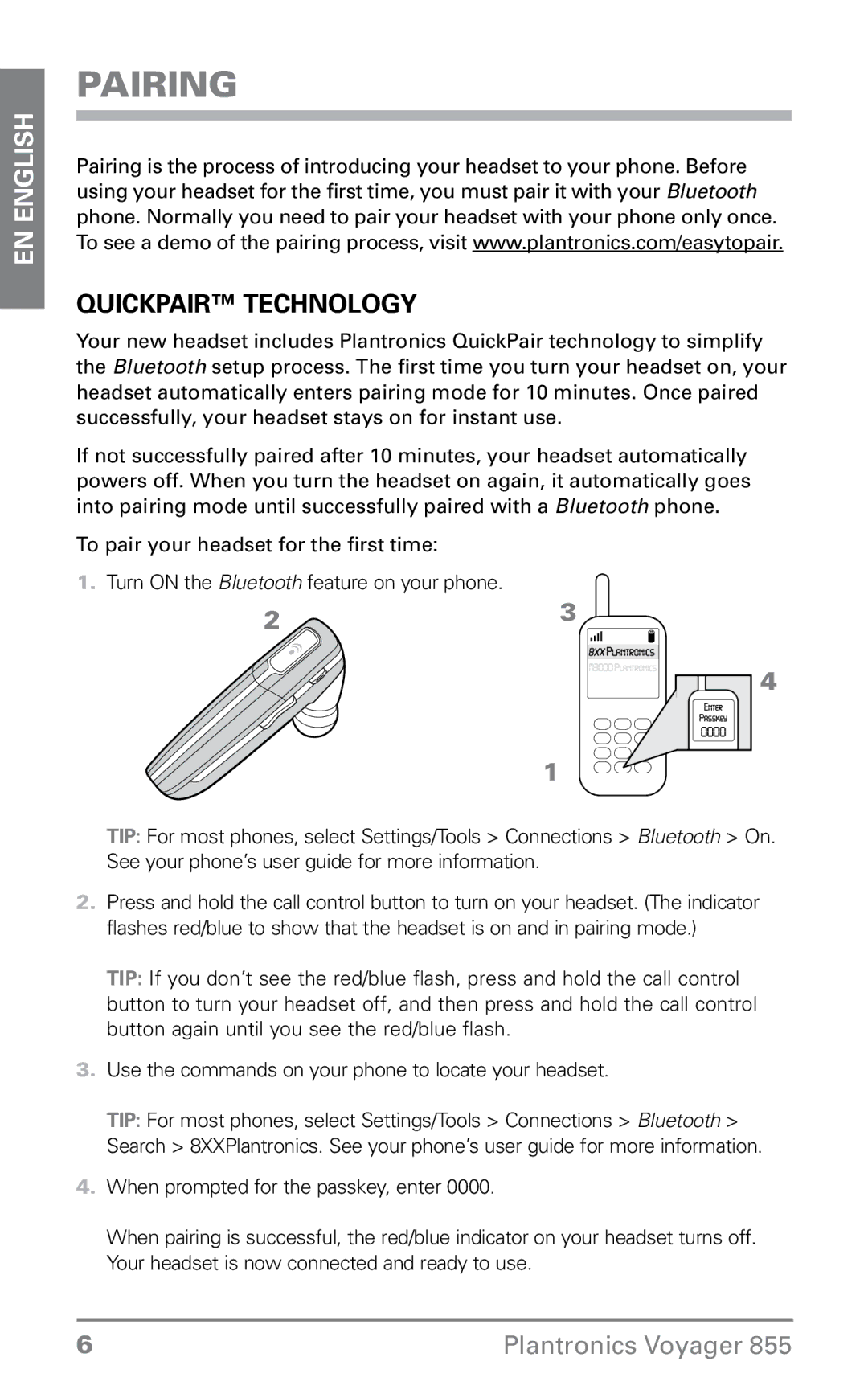 Plantronics 855 manual Pairing, QuickPair Technology 