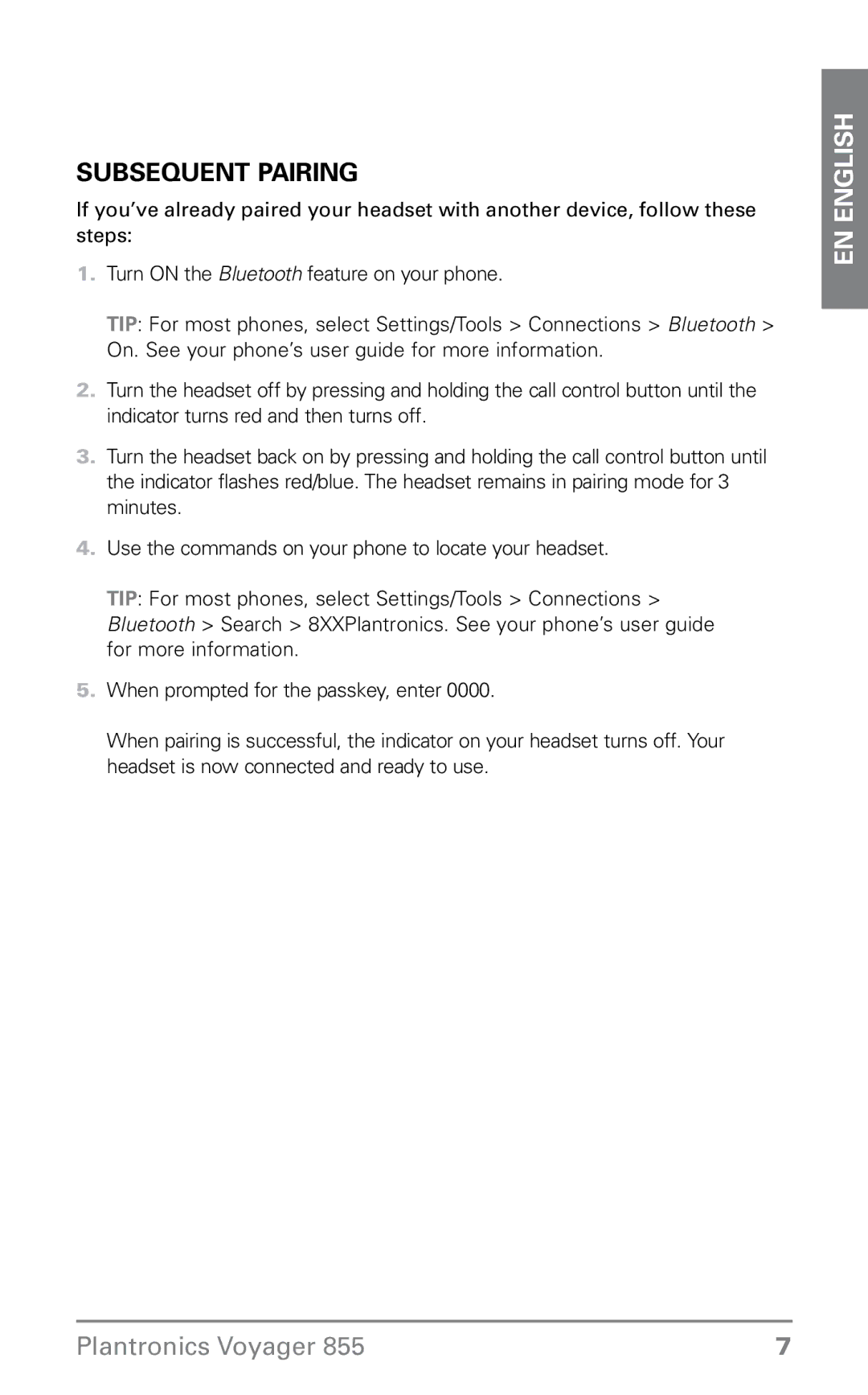 Plantronics 855 manual Subsequent Pairing 