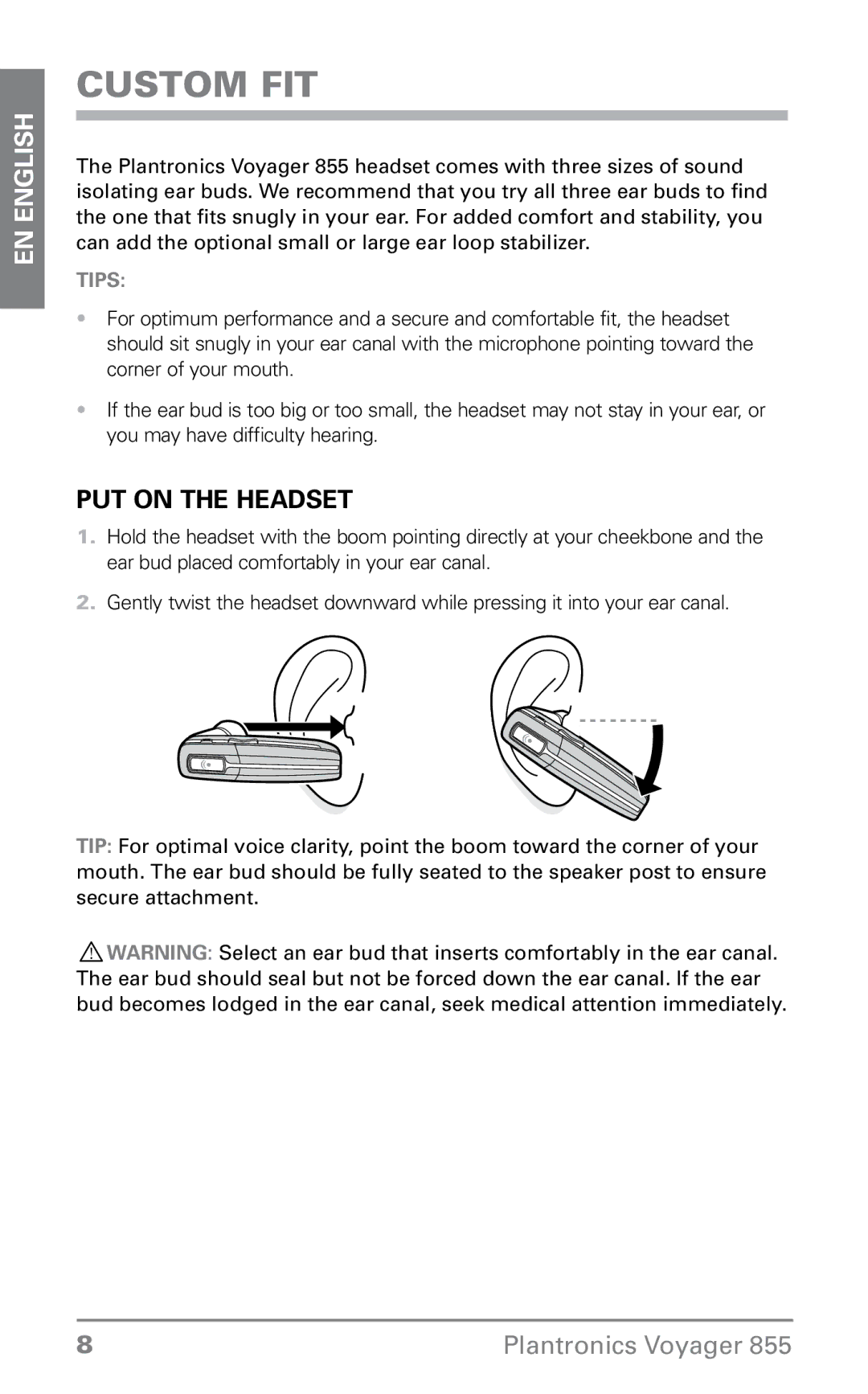 Plantronics 855 manual Custom Fit, Put on the headset 