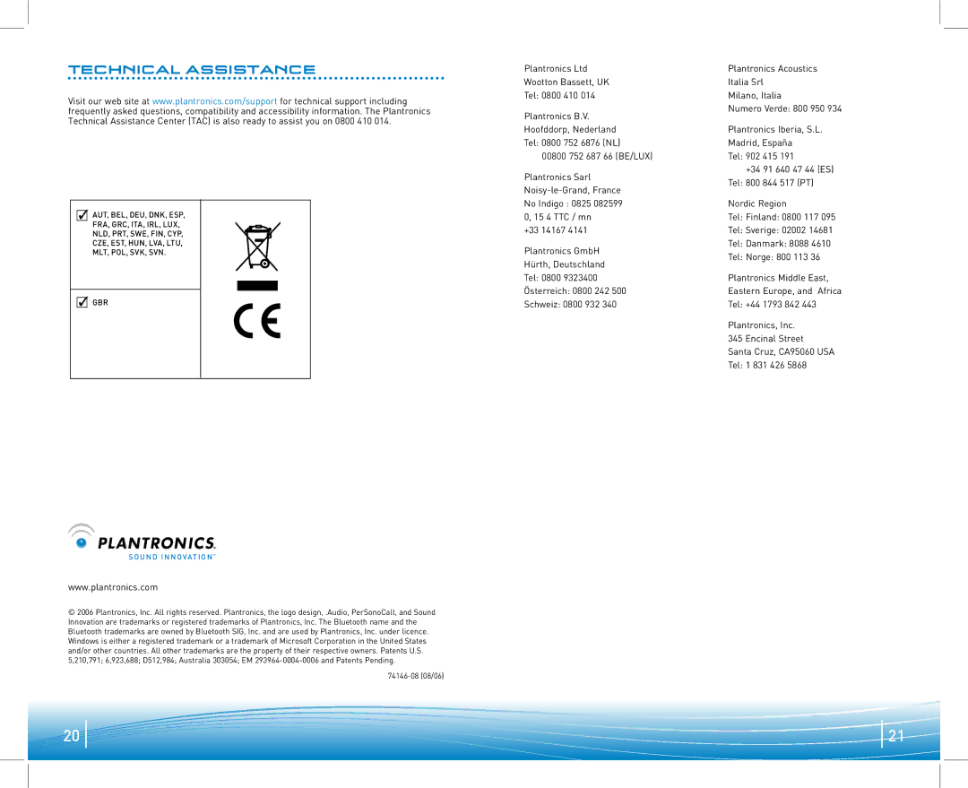 Plantronics 910 manual Technical Assistance, Sound Innovation 