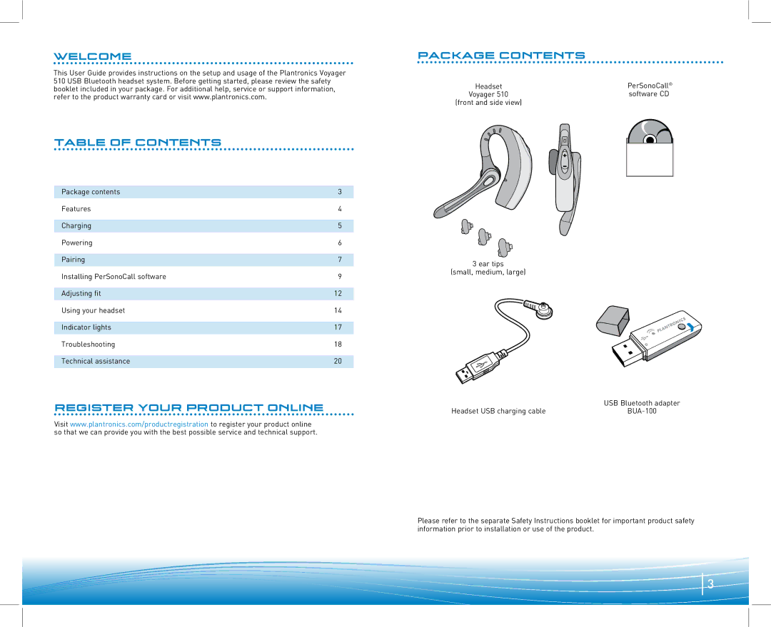 Plantronics 910 manual Welcome Table of Contents, Register Your Product Online Package Contents 