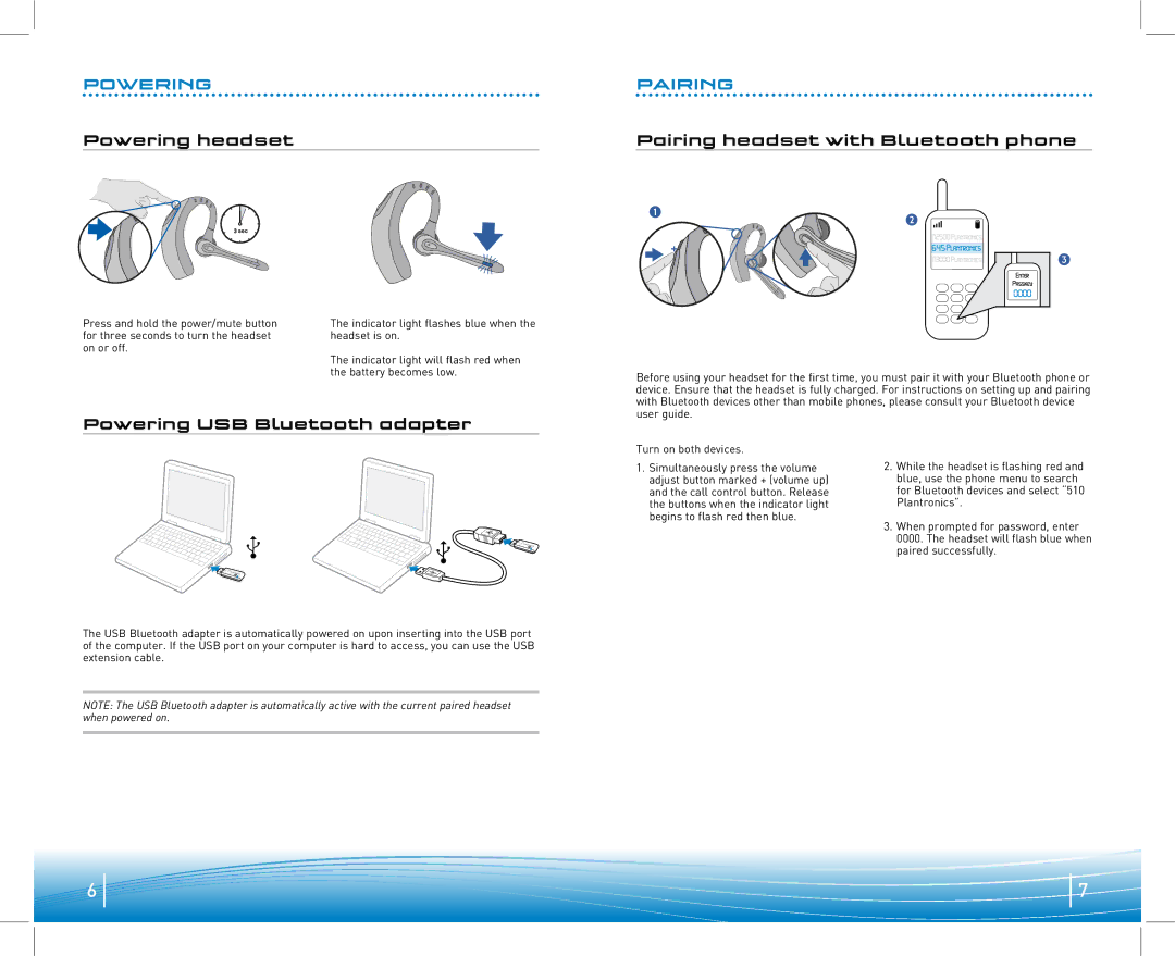 Plantronics 910 manual Powering Pairing, Powering USB Bluetooth adapter 