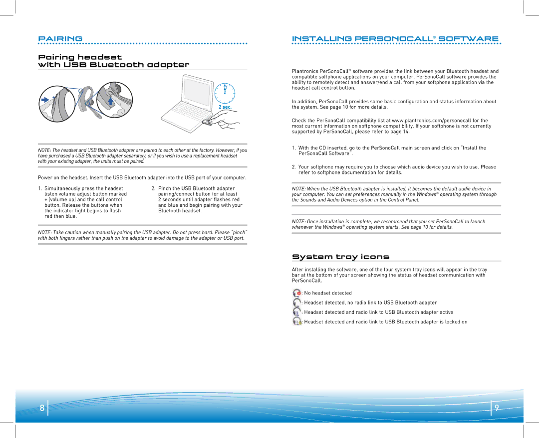 Plantronics 910 manual Pairing headset With USB Bluetooth adapter, Installing Personocall Software, System tray icons 