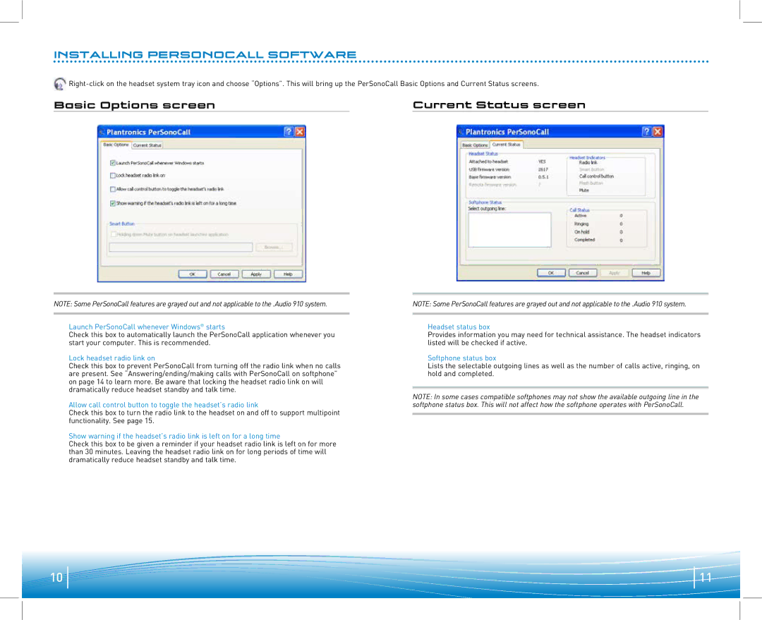 Plantronics 910 manual Basic Options screen Current Status screen, Launch PerSonoCall whenever Windows starts  