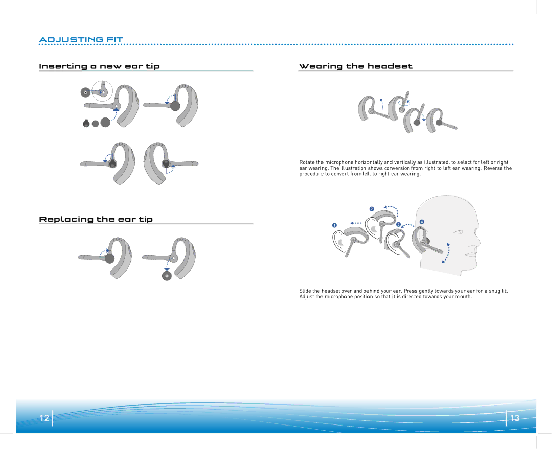 Plantronics 910 manual Adjusting FIT, Inserting a new ear tip Wearing the headset, Replacing the ear tip 