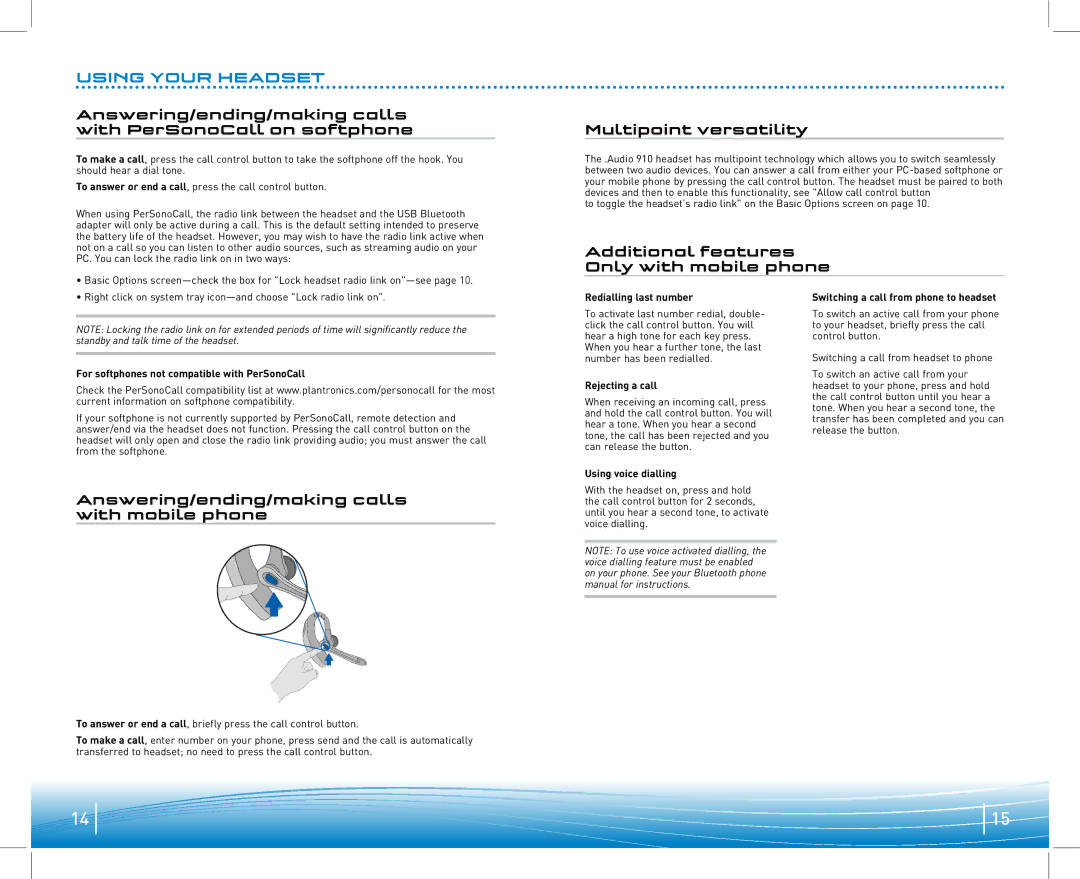 Plantronics 910 Using Your Headset, Answering/ending/making calls with PerSonoCall on softphone, Multipoint versatility 