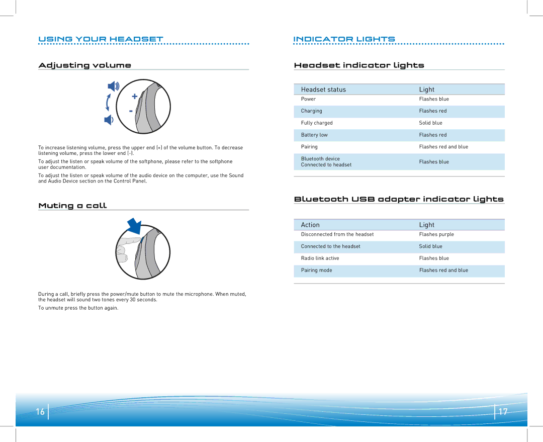 Plantronics 910 manual Adjusting volume, Muting a call, Indicator Lights, Headset indicator lights 