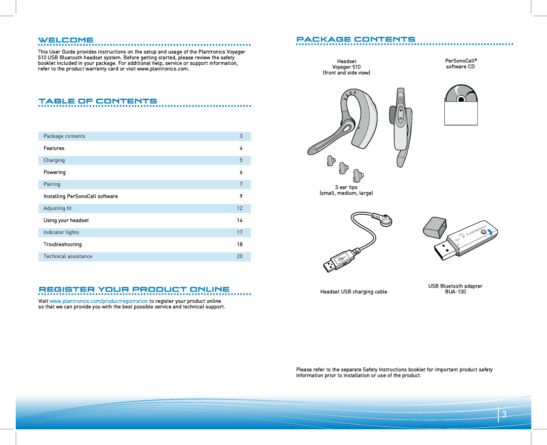 Plantronics 910 manual Welcome, Table Of Contents, Register Your Product Online, Package Contents 