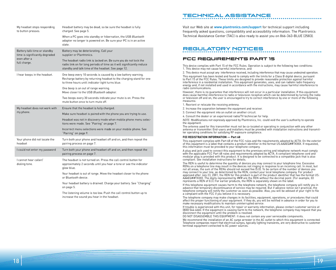 Plantronics 920 manual Technical Assistance Regulatory Notices, FCC Requirements Part 