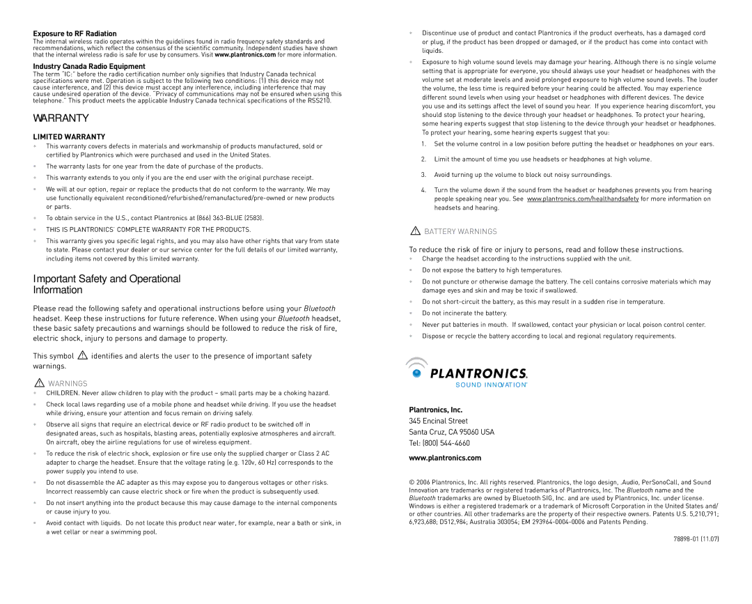 Plantronics 920 Important Safety and Operational Information, Exposure to RF Radiation Industry Canada Radio Equipment 