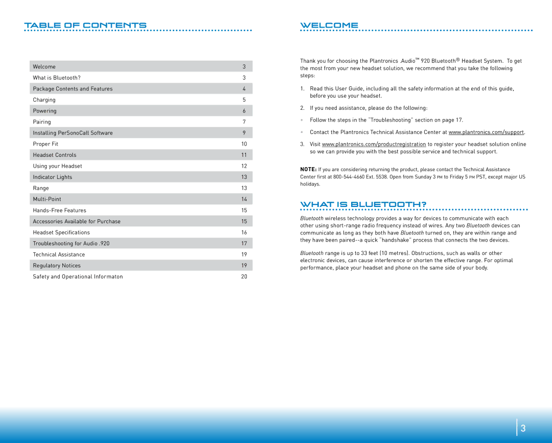 Plantronics 920 manual Table of Contents 