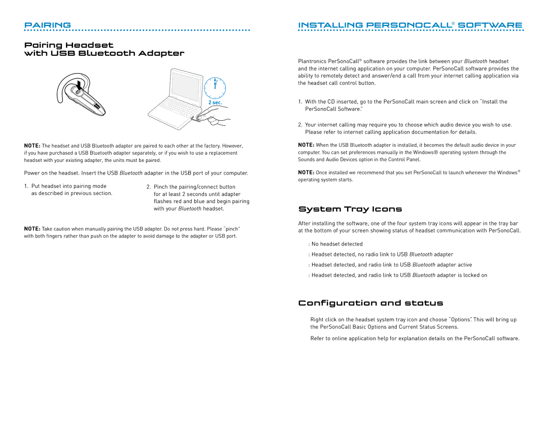 Plantronics 920 manual Pairing Headset With USB Bluetooth Adapter, Installing Personocall Software, System Tray Icons 