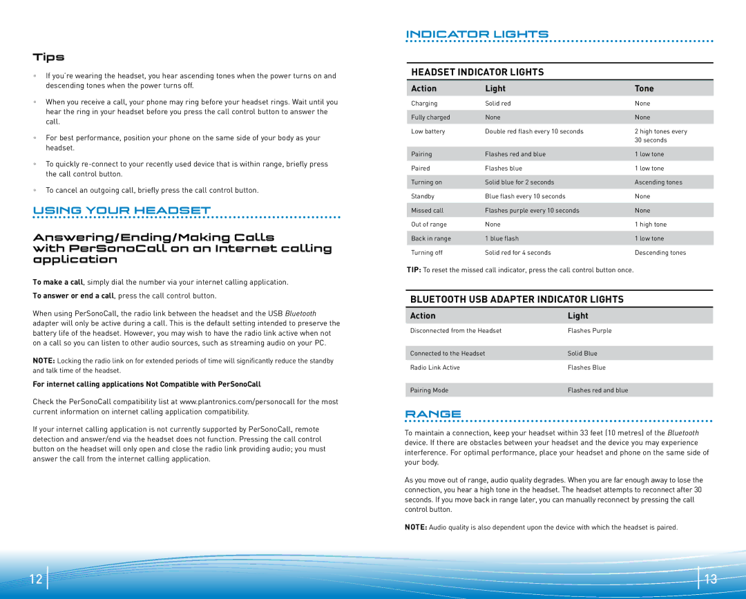 Plantronics 920 manual Tips, Using Your Headset, Indicator Lights, Range 